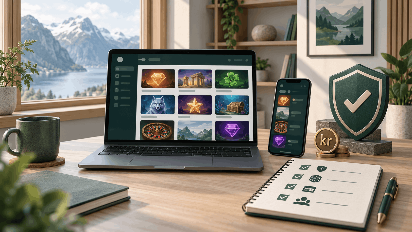 Illustrasjon av en norsk nettcasinoguide med mobil, datamaskin, sikkerhetsskjold og sjekkliste